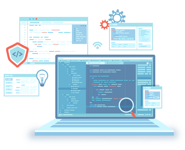 Backend development process illustration with servers, code, and APIs
