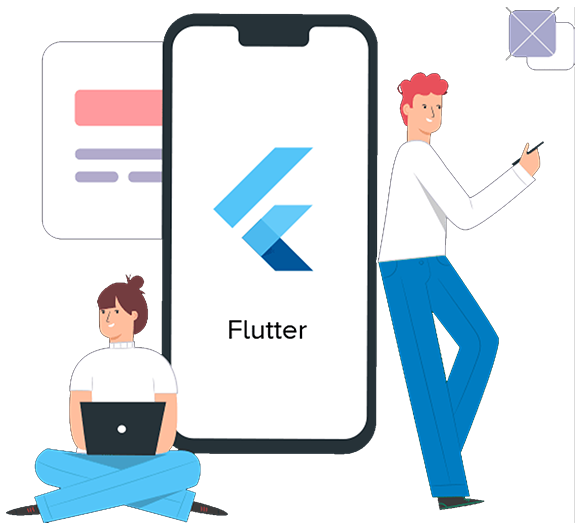 Flutter development illustration showing cross-platform app interface