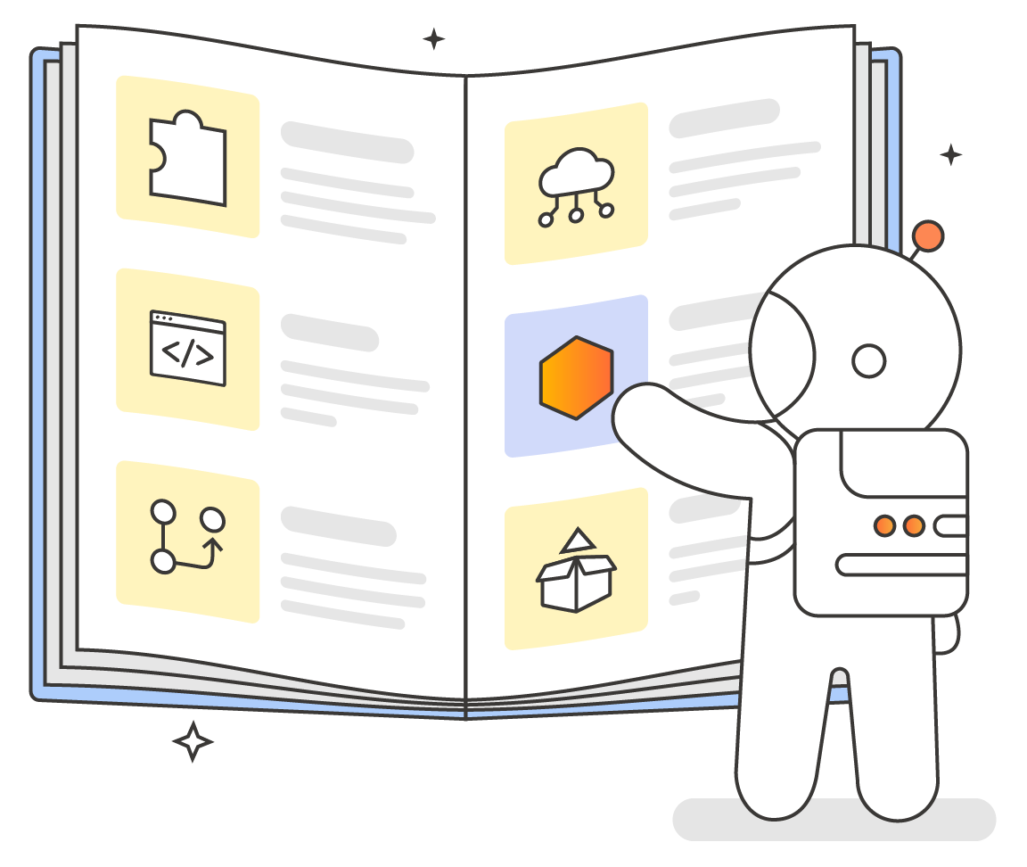 SDK and API documentation illustration with code editors and integrations