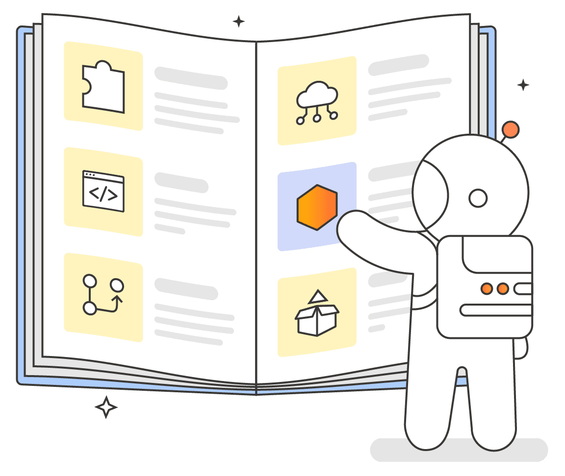 SDK and API documentation illustration with code editors and integrations
